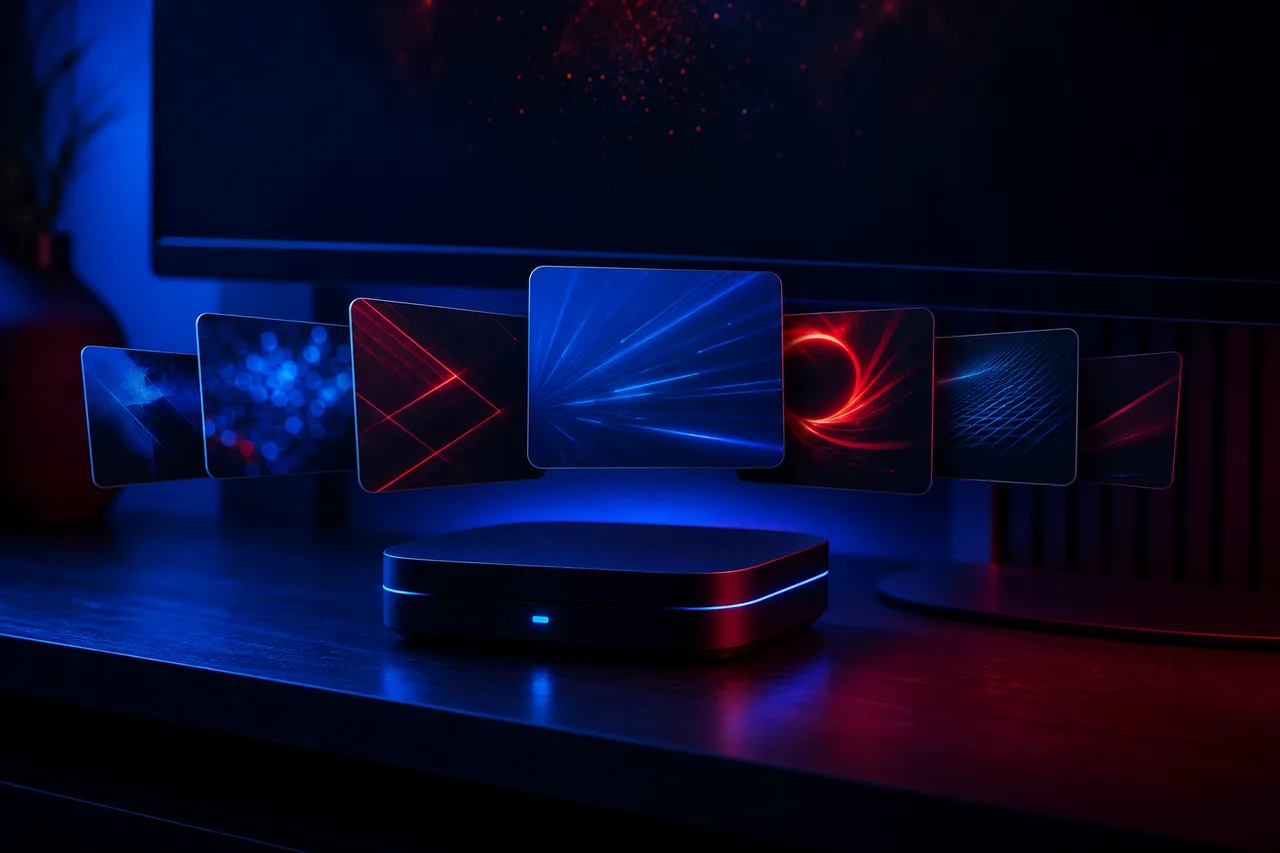 Android TV box connected by an Ethernet cable under a wall-mounted television