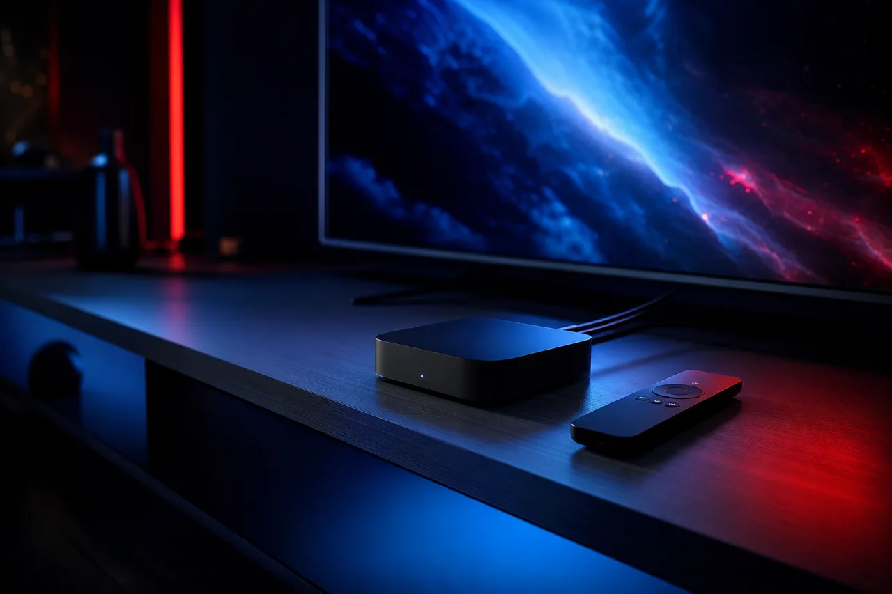 Apple TV box and iPhone on a shelf below a wall-mounted television