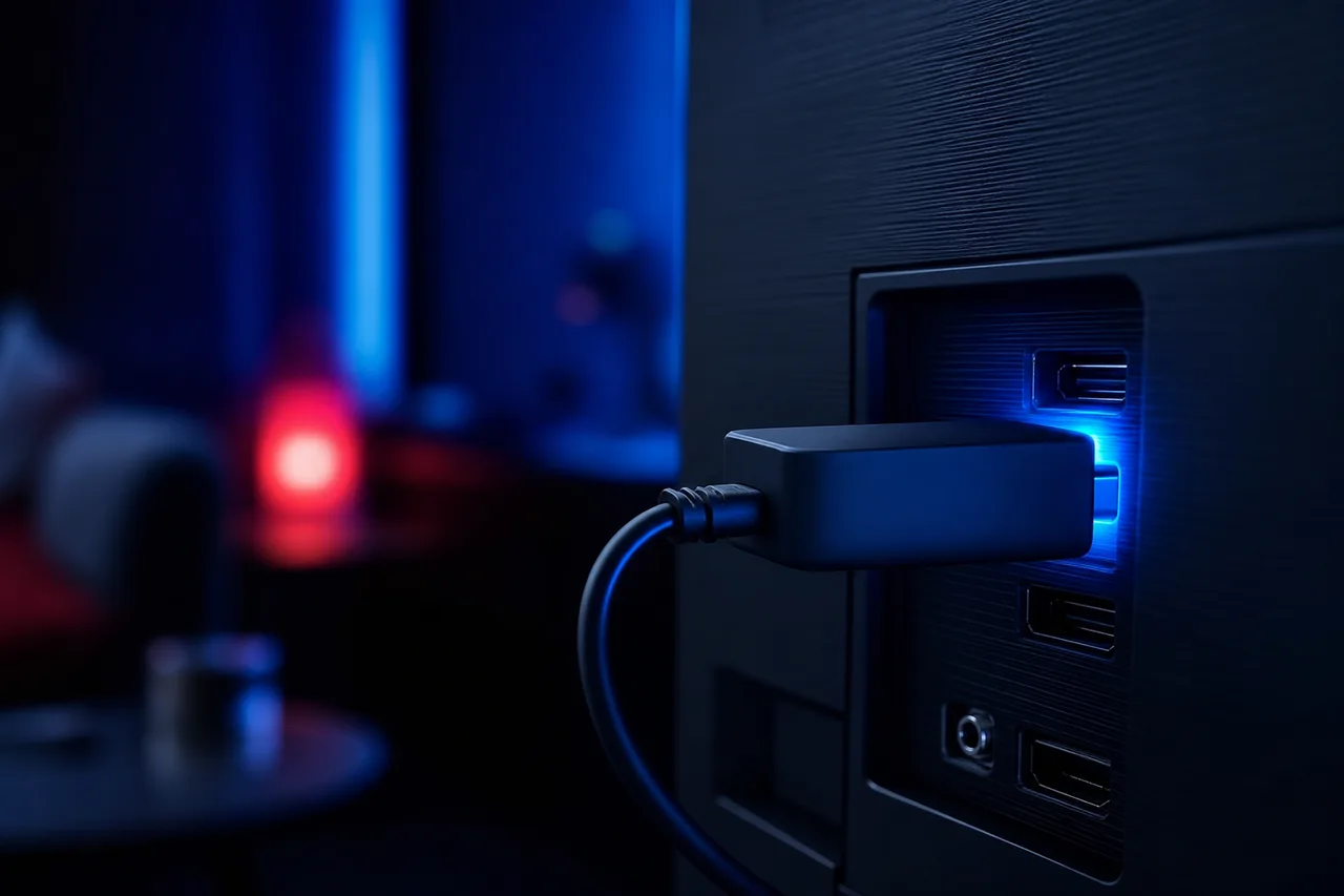 Streaming stick plugged into the back of a television with an HDMI extender cable